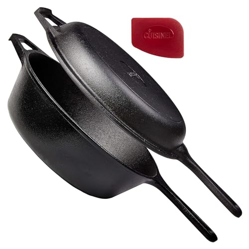 Cuisinel Cast Iron Skillet + Lid - 2-In-1 Multi Cooker - Deep Pot + Frying...