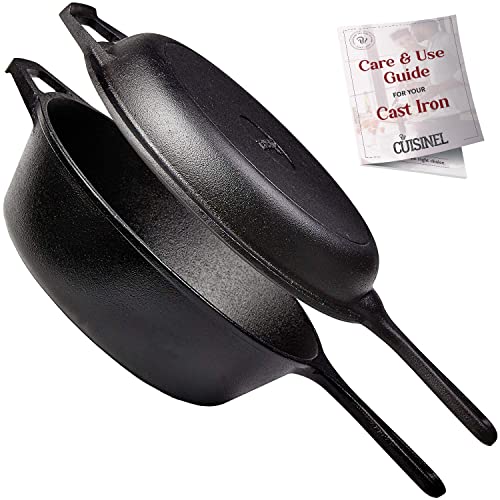 Cast Iron Skillet + Lid - 2-In-1 Multi Cooker - Deep Pot + Frying Pan -...