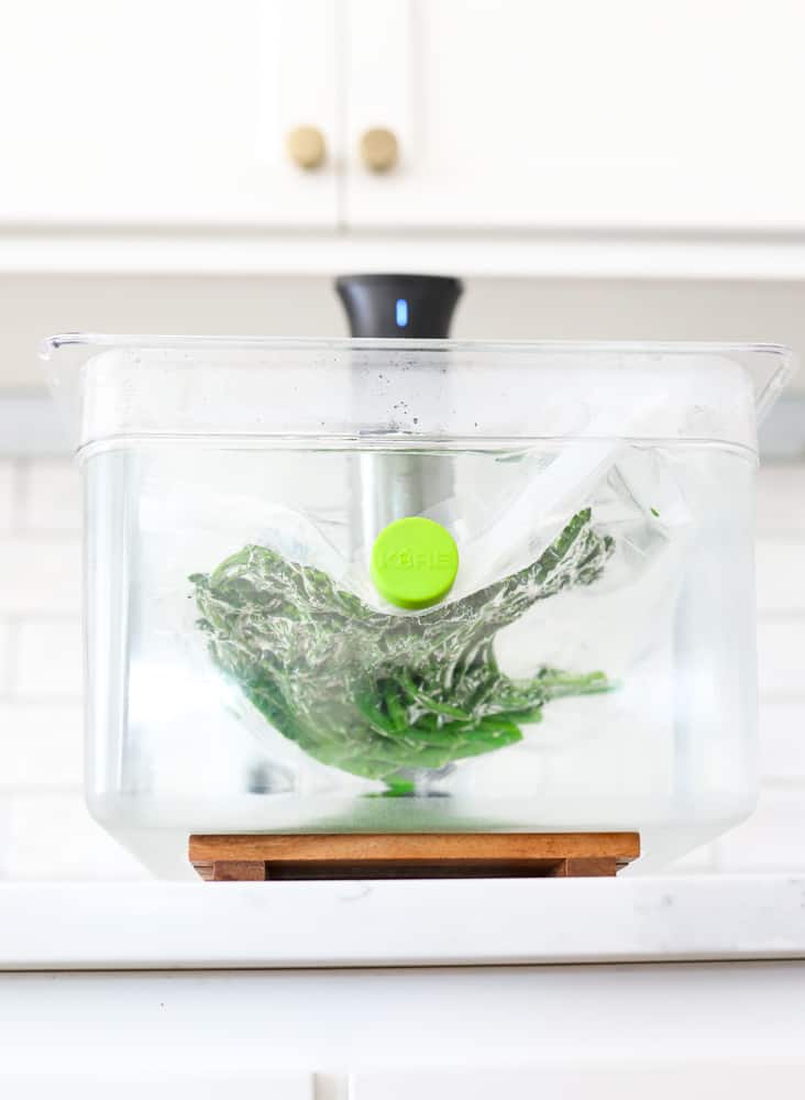 sous vide weights holding broccolini in water bath