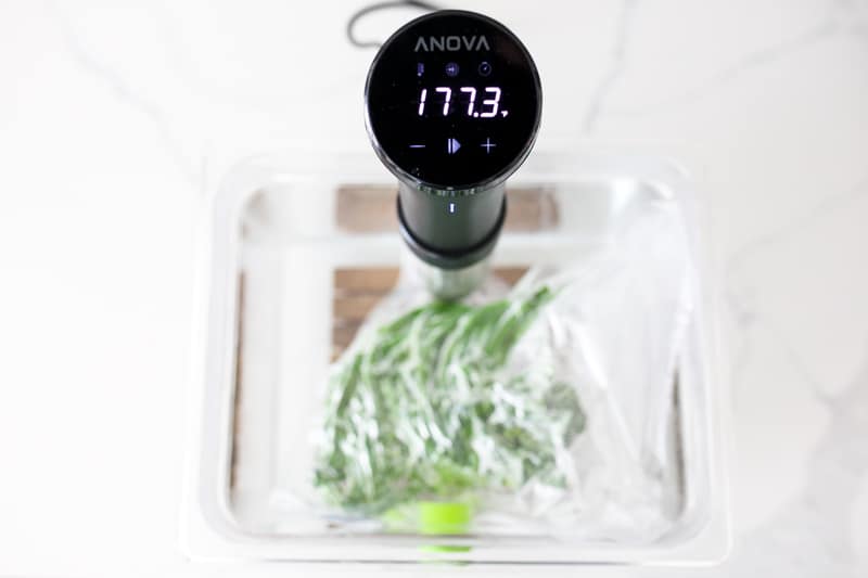 Image of Anova Precision Cooker from atop. Broccollini in sous vide bath.