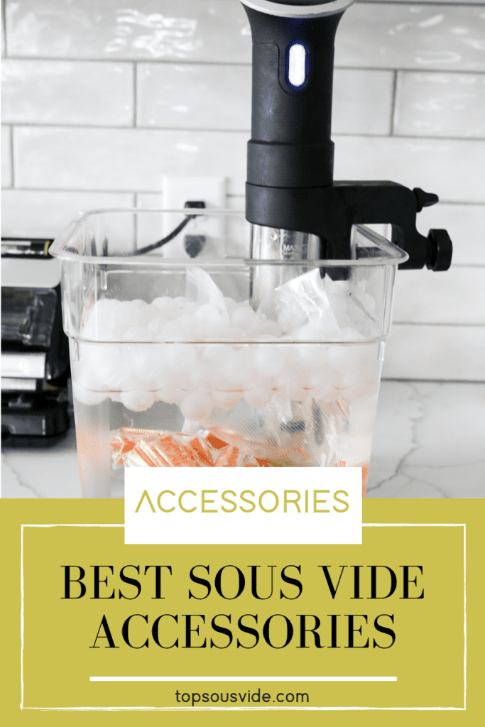Header image reading "Best Sous Vide Accessories". Image shows filled sous vide container with bagged carrots and ping pong balls. Vacuum sealer in background. 