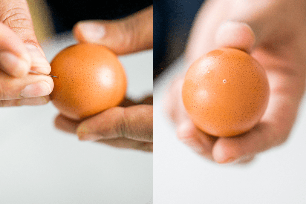 side by side shot of (1) poking a hole in the fat side of an egg with a safety pin (2) egg with hole from pin on the fat end of the egg