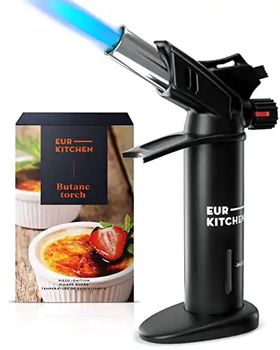 EurKitchen Premium Culinary Butane Torch with Gauge, Safety Lock, Adjustable Flame, Guard- Refillable Cooking Torch Lighter for Creme Brulee, BBQ, Baking, Soldering, Crafts- Butane Gas Not Included