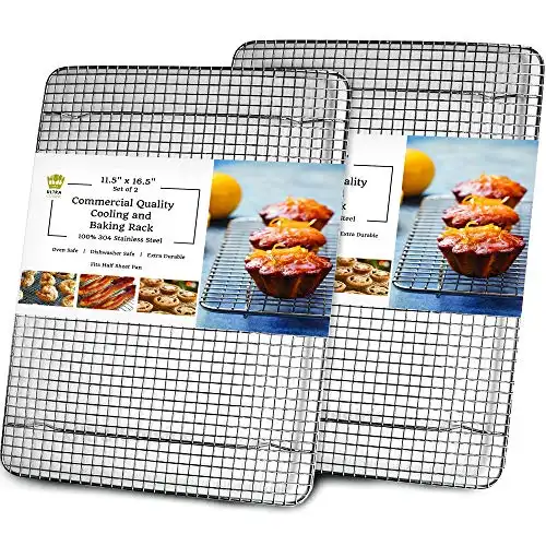 Ultra Cuisine Oven-Safe, Dishwasher-Safe 100% Stainless Steel Cooling and Baking Rack Set, Heavy Duty Tight-Wire Cooling Racks For Baking - 11.5 x 16.5-inch - Set of 2 - Half Sheet Pan Cooling Racks
