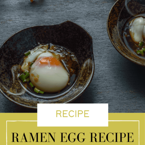 Header image reading "Ramen Egg Recipe, Onsen Egg". Onsen egg pictured in a traditional Japanese bowl in a broth with scallion garnish.