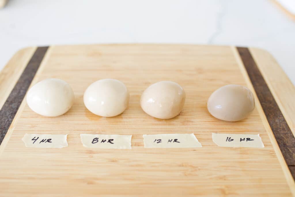 4 eggs shown. The first marinated for 4 hours, the 2nd for 8 hours, the 3rd for 12 hours and the last for 16 hours. The coloration gets to a darker brown gradually.  