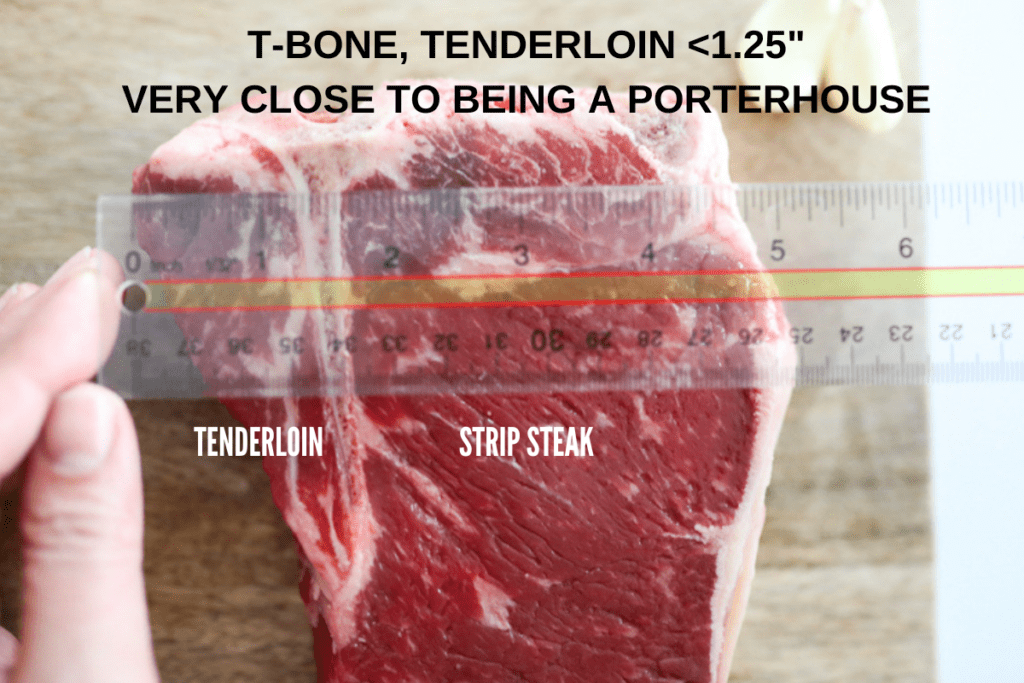 T-bone with a ruler up to it to measure the length of the Tenderloin. The tenderloin is just short of  1.25" wide, making the steak a T-bone. Text says the same.
