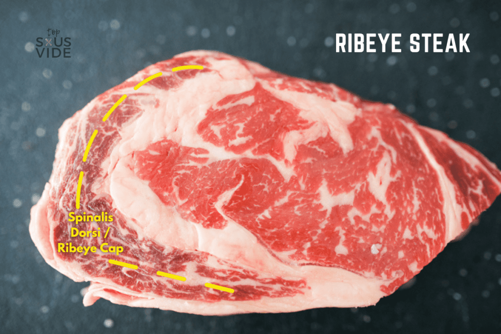 Ribeye steak picture highlighting the spinalis dorsi muscle, aka ribeye cap.