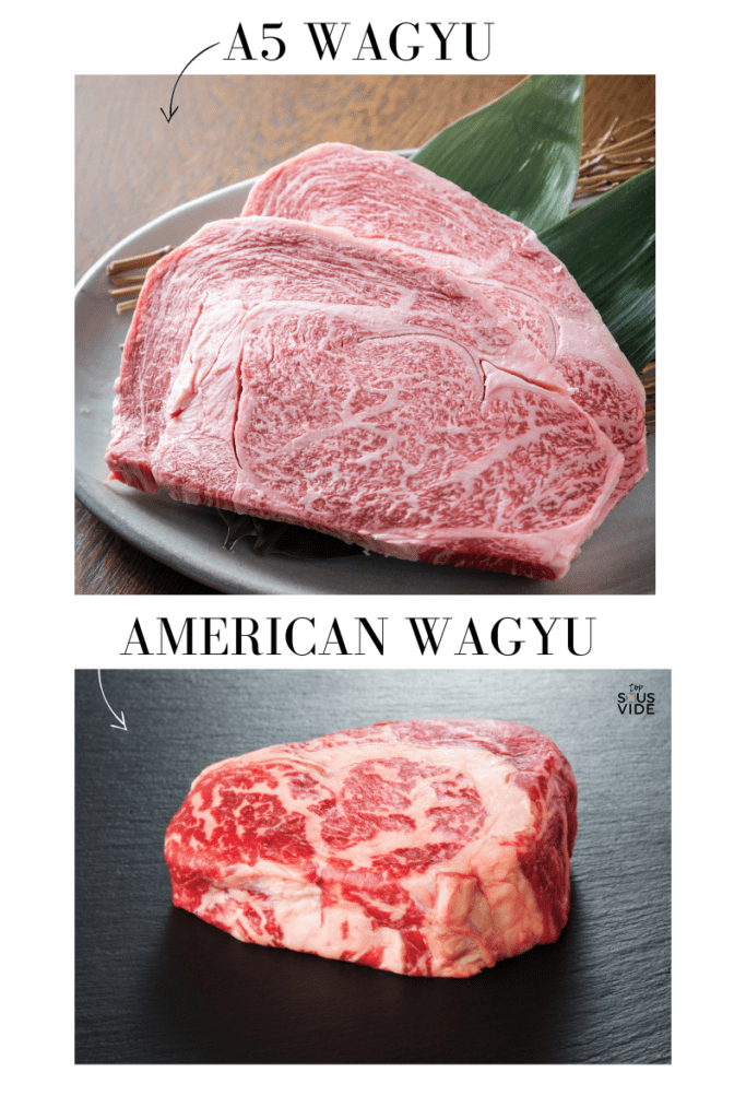 Japanese Wagyu picture on top. American Wagyu picture o bottom. Japanese Wagyu much more marbled in comparison.