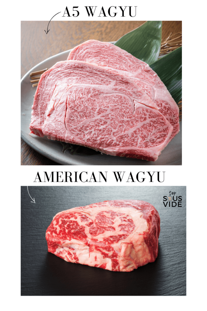 Japanese Wagyu picture on top. American Wagyu picture o bottom. Japanese Wagyu much more marbled in comparison.