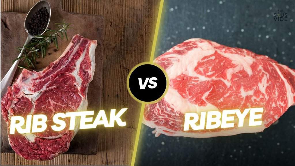 Rib steak next to a ribeye steak. Both cuts are labeled with "vs" between them both.