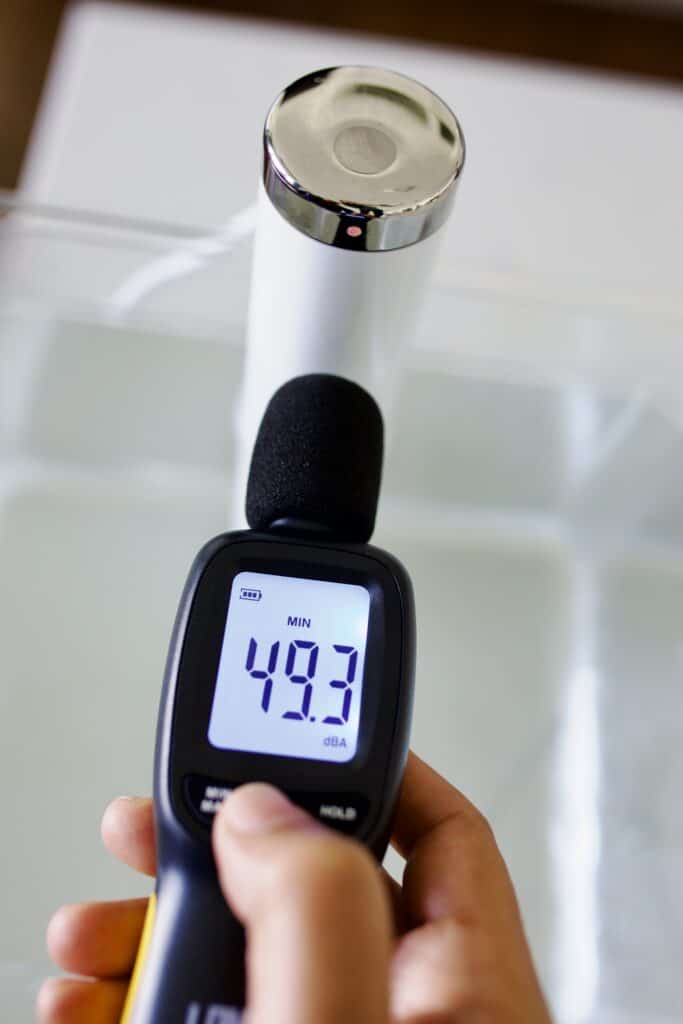 Sound meter reading 49.3 dBA when held to a running Joule.