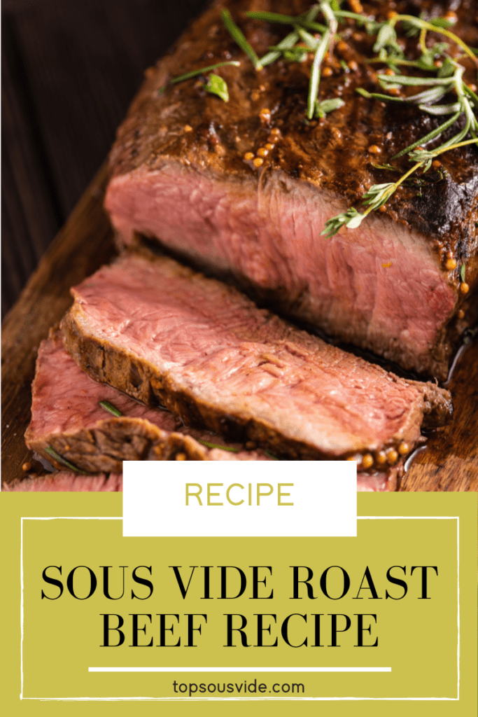 Sous vide roast beef recipe header image. Perfectly cooked roast beef sliced.